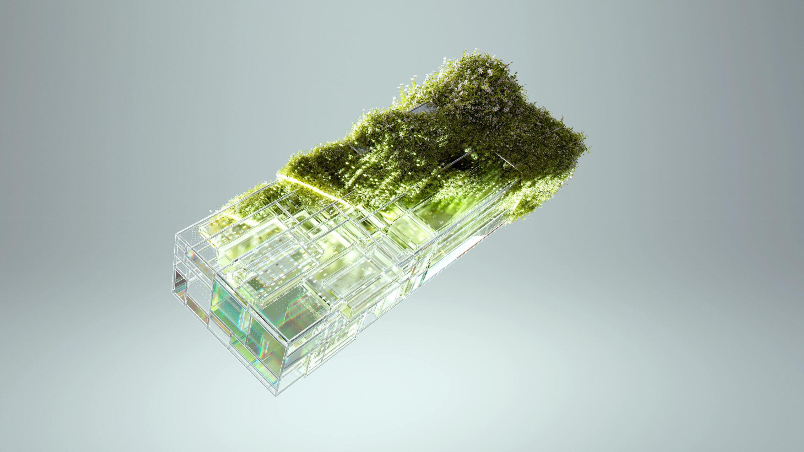 A translucent, futuristic cube sprouting lush green vegetation.