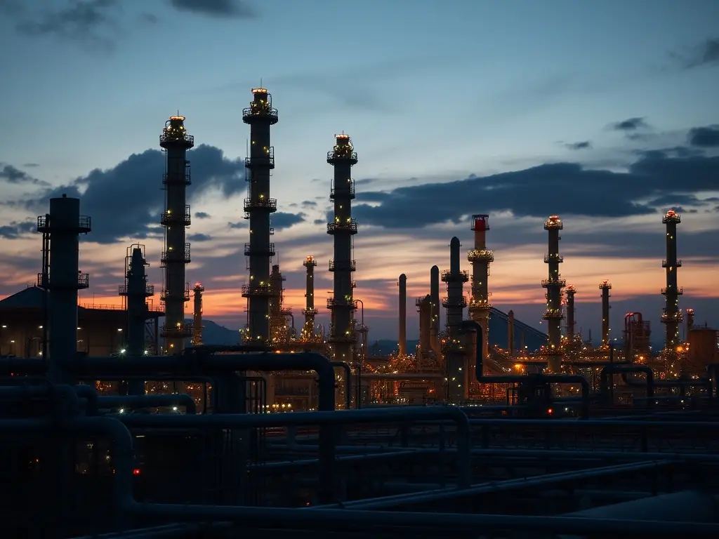 Oil refinery at sunset